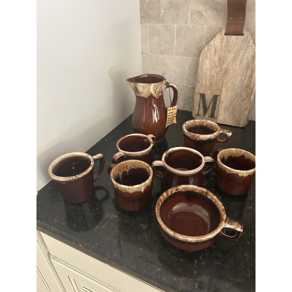 Vintage 8 lot McCoy Pottery Lot Brown Pitcher Cups Mugs pot Roseville USA Oven